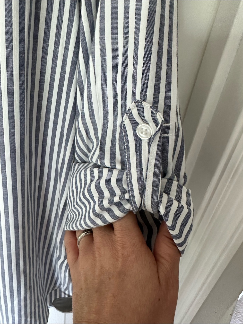 Max Studio Grey and White Vertical Stripe Roll-Tab Blouse - Picture 4 of 6